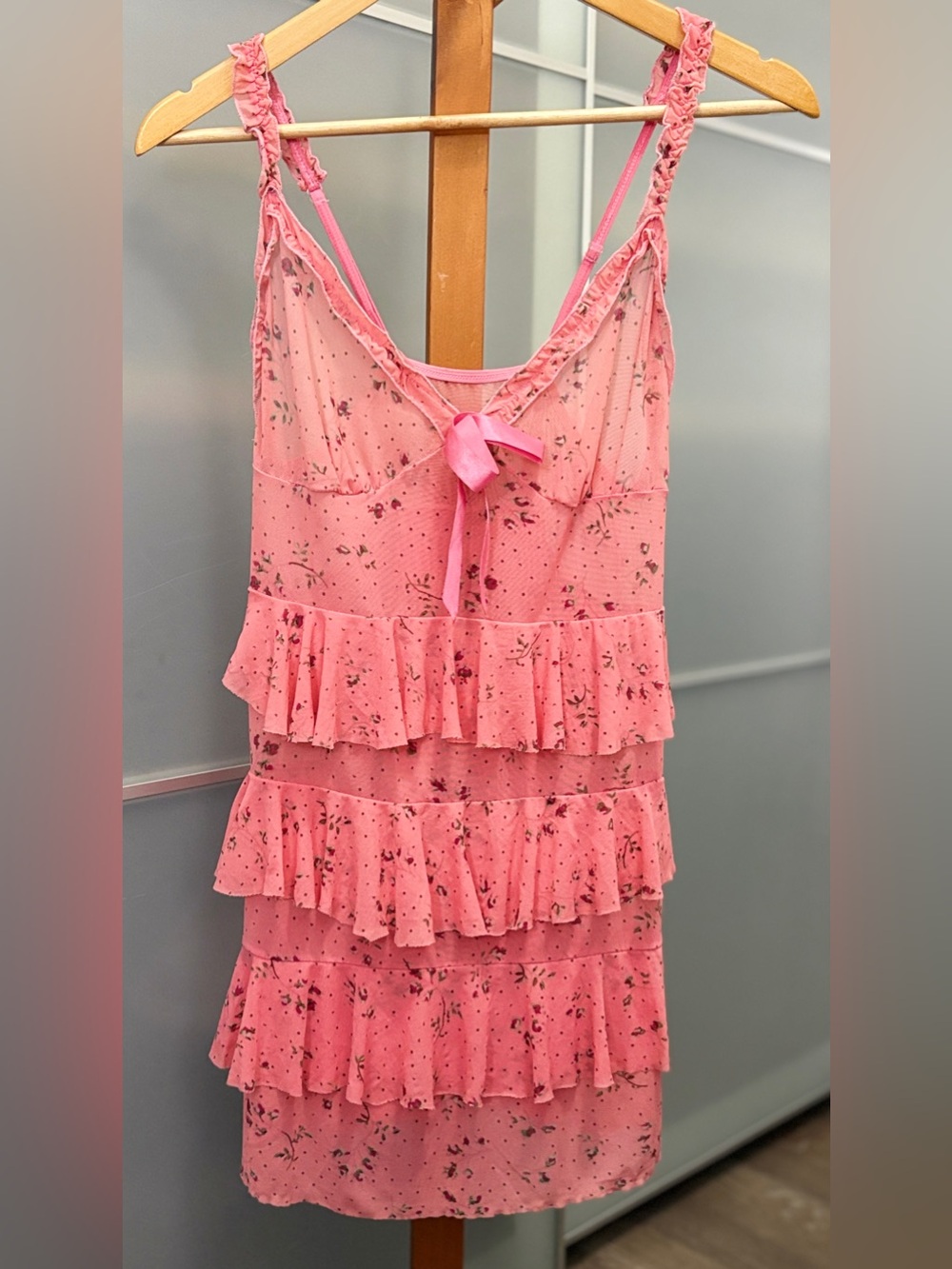 Pink Floral Mesh Tiered Ruffle Mini Dress Slip Coquette Camisole Y2K